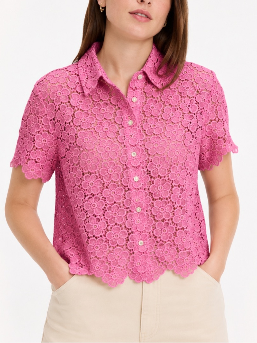Kate Spade Pink Bloom Floral Lace Button Front Blouse Top Preppy Coquette XL